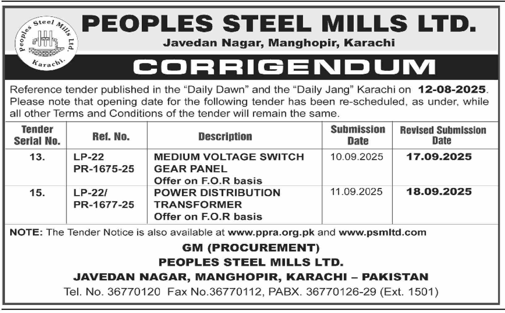 Peoples Steel Mills Limited Karachi Tender Notice